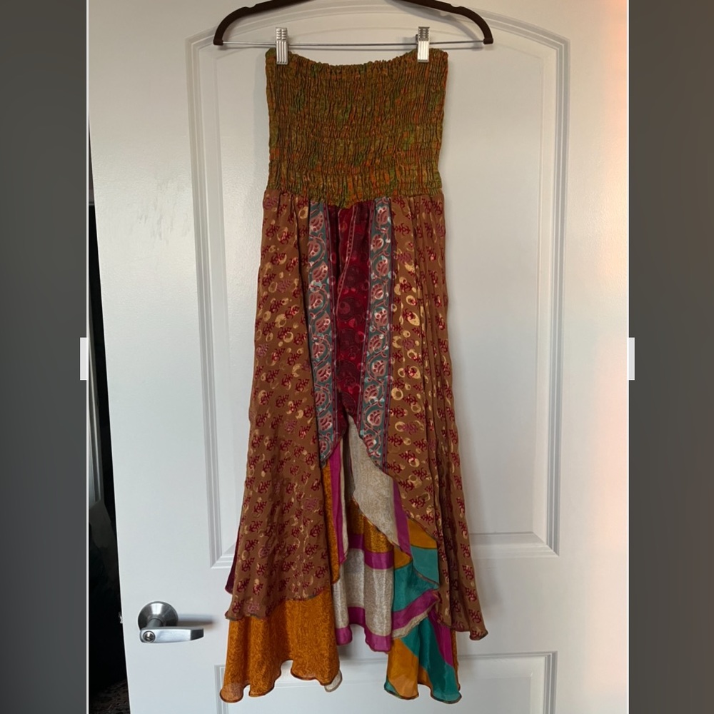 Amazing Colorful Silk Hippie Beach Fairy Strapless Dress with Layered Skirt